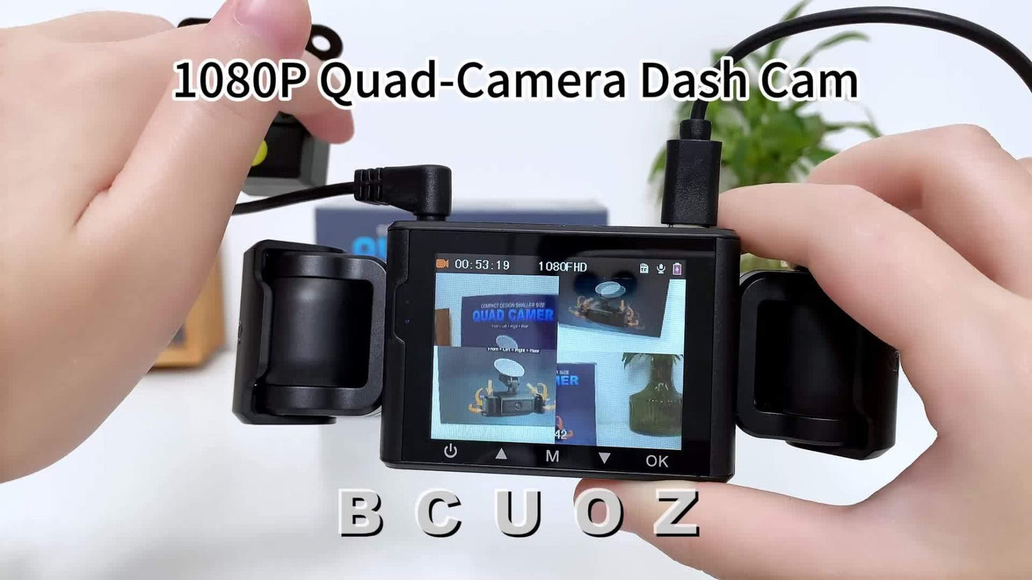 4-Channel 360° Dash Cam 1080P Front + 720P Rear Left Right All-Round Coverage, Quad-Screen Split Display, Night Vision, WDR, G-Sensor