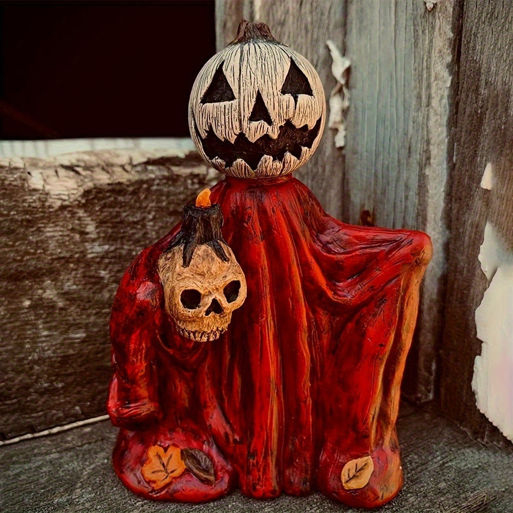 Halloween Pumpkin Wizard Resin Figurine 2-Pack, Spooky Desktop Ornament & Bookshelf Decor for Entryways, Bedrooms and Living Spaces