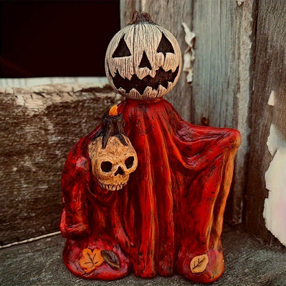 Halloween Pumpkin Wizard Resin Figurine 2-Pack, Spooky Desktop Ornament & Bookshelf Decor for Entryways, Bedrooms and Living Spaces