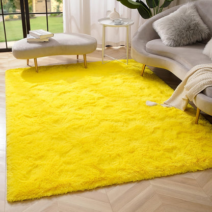 Area Rug Fluffy Faux-Fur Shag in Solid, Tie-Dye and Ombre Colors with Six available Room Sizes