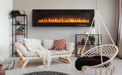 Wall Mounted Electric Fireplace Recessed In-Wall Linear Heater Multicolor Flame 750W/1500W Touch Screen for Garden, Patio and Yard Use