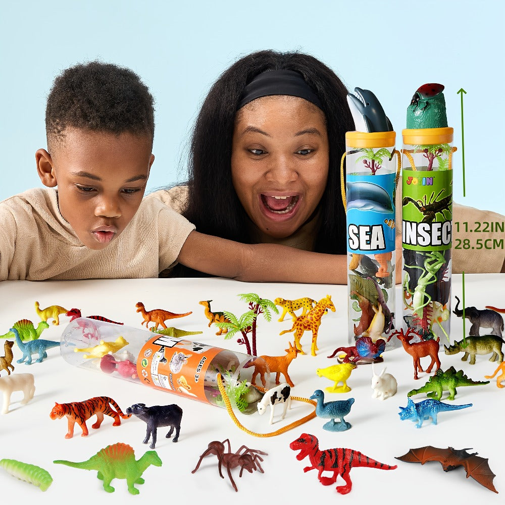 Animal Figures Toys for Kids 69pcs, 5-Set Nature World Mini Animal Figurines with Sensory Bin, Zoo