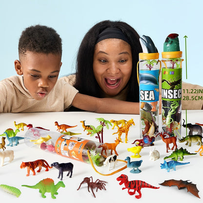 Animal Figures Toys for Kids 69pcs, 5-Set Nature World Mini Animal Figurines with Sensory Bin, Zoo
