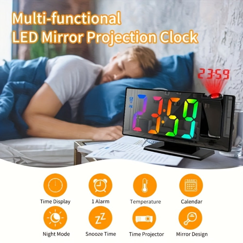 Color-Screen Projection Alarm Clock with 180-Degree Rotating Projector, Temperature Display and Snooze