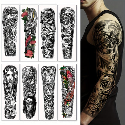 Full Arm Temporary Tattoo Stickers 8 Large Sheets Waterproof Black Realistic Koi Dragon Lion Floral