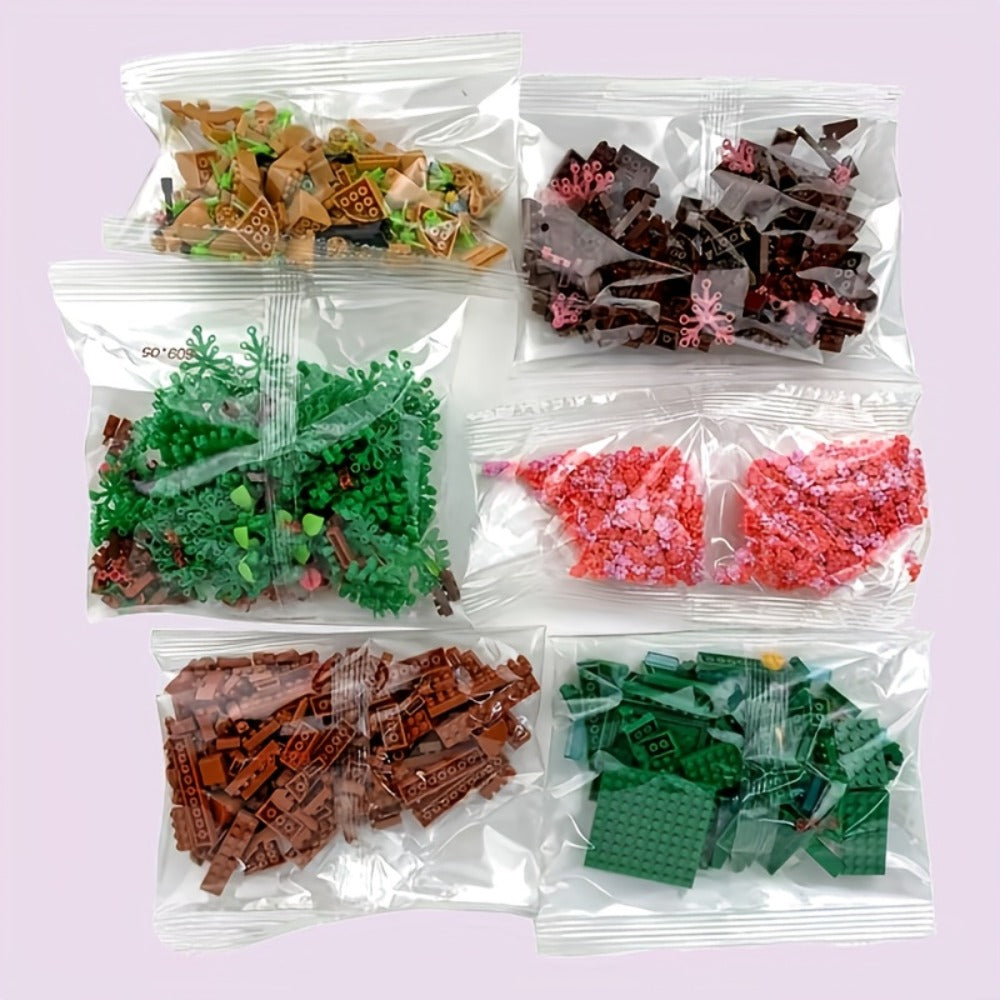Building Block Set Cherry Blossom Tree House, 1020 or 2028 Micro Pieces with Pink Canopy and Base Display