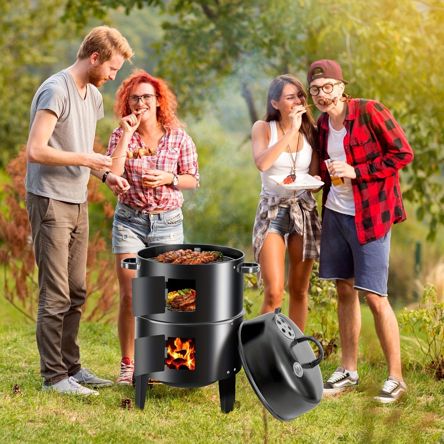 Charcoal Smoker Grill 16 Inch Vertical 3-Tier with Easy Temperature Control for Grilling, Camping and Outdoor Meals