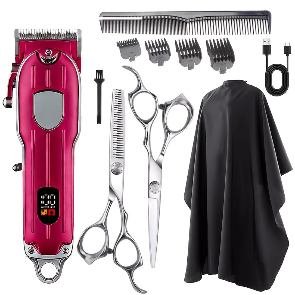 Barber Hair Clipper Kit for Men – USB Rechargeable Digital Size Adjustment, Complete Set with Scissors & 4 Limit Combs