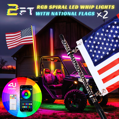 RGB LED Whip Lights for UTV ATV – 1ft/2ft/3ft/4ft Spiral Color Changing Neon Light Whips with Remote & App Control, Music Sync