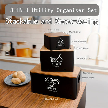 Three-Piece Black Metal Canister Set Labeled for Potatoes, Onions and Garlic in Graduated Sizes