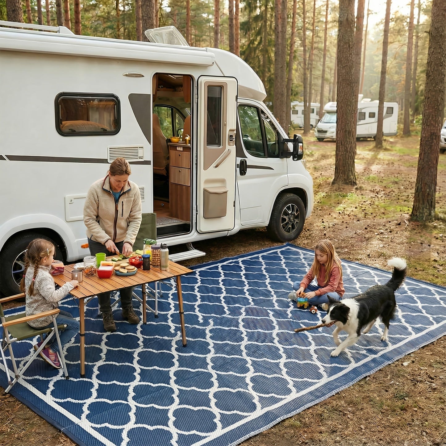 Outdoor Area Rug Waterproof Foldable Picnic Mat for Patio Balcony RV Camping Beach Garden – Blue Clover & Gray, Multiple Sizes