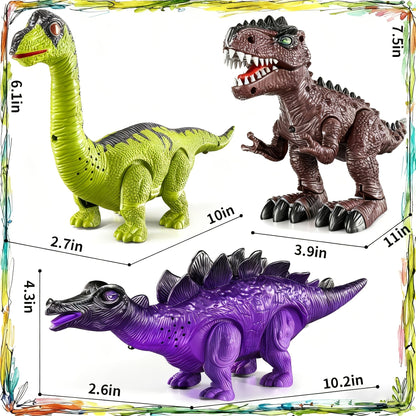 Electric Walking Dinosaur Toys Set of 3 with Sound, Light & Walking Functions, Interactive Moving Dino Toy Collection
