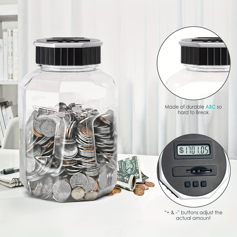 Digital Coin Counting Piggy Bank for Adults, Extra Large 2.4L LCD Counter Jar, Transparent Acrylic Money Saving Bank with Display