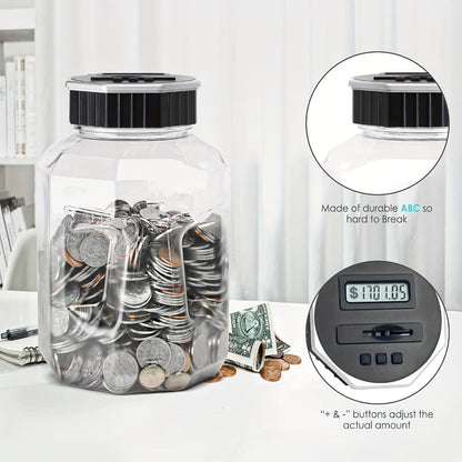 Digital Coin Counting Piggy Bank for Adults, Extra Large 2.4L LCD Counter Jar, Transparent Acrylic Money Saving Bank with Display