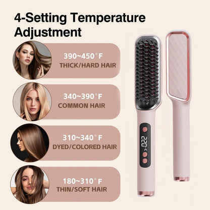 Hair Straightening Brush, 30-60 Sec Fast Heating, 3 Temperature Settings, Wide-Spaced Smooth Glide Teeth