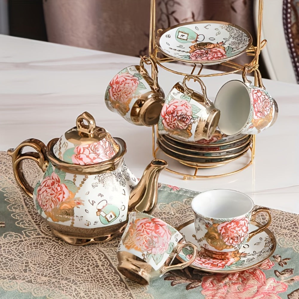 European Floral Ceramic Tea Set 20 Pcs – Italian Style Afternoon Tea Set with Metal Stand – Blooming Pattern Teapot & Cups