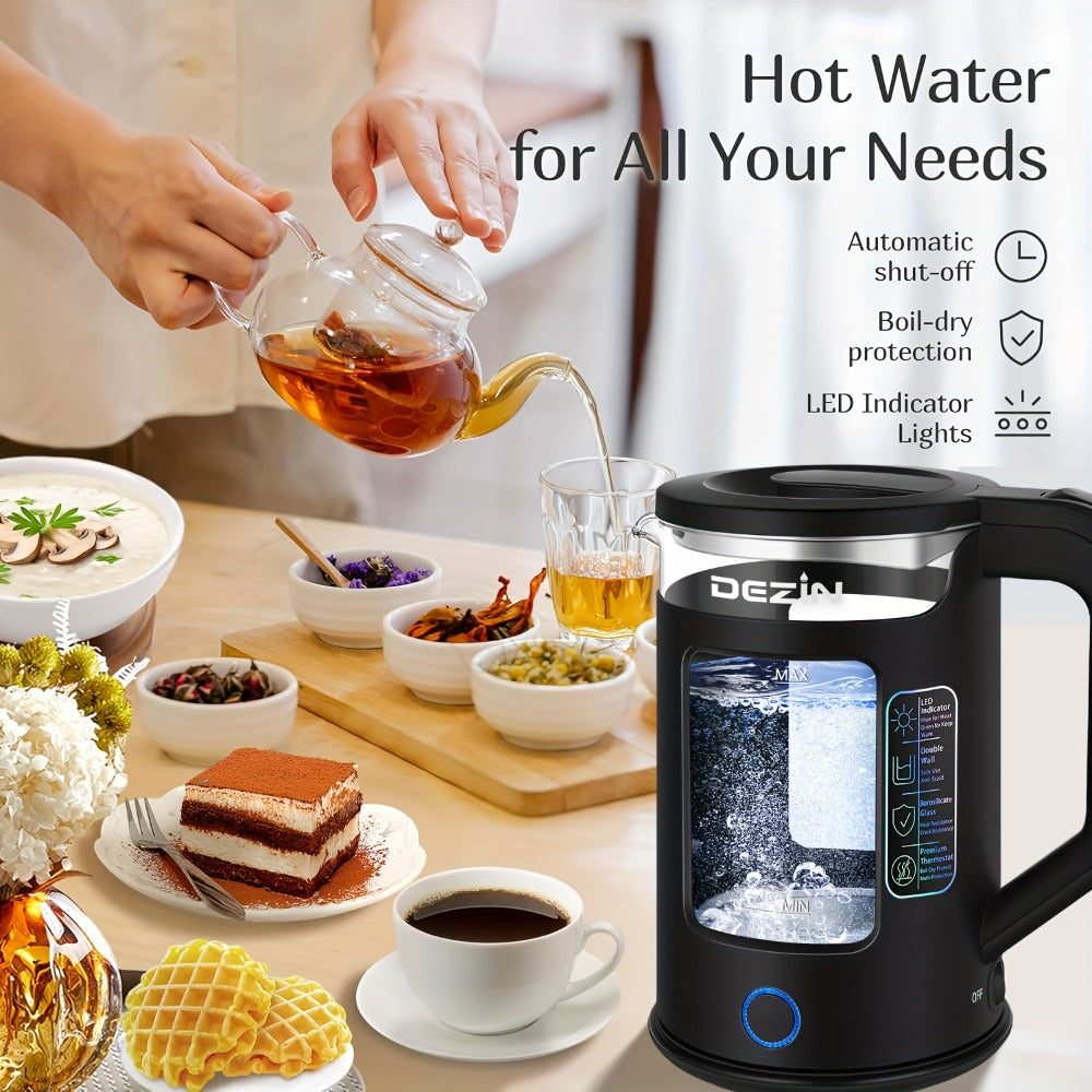 Glass Electric Kettle with Blue LED Light, 1.5L Borosilicate Glass Water Boiler, Auto Shut-Off & Boil-Dry Protection