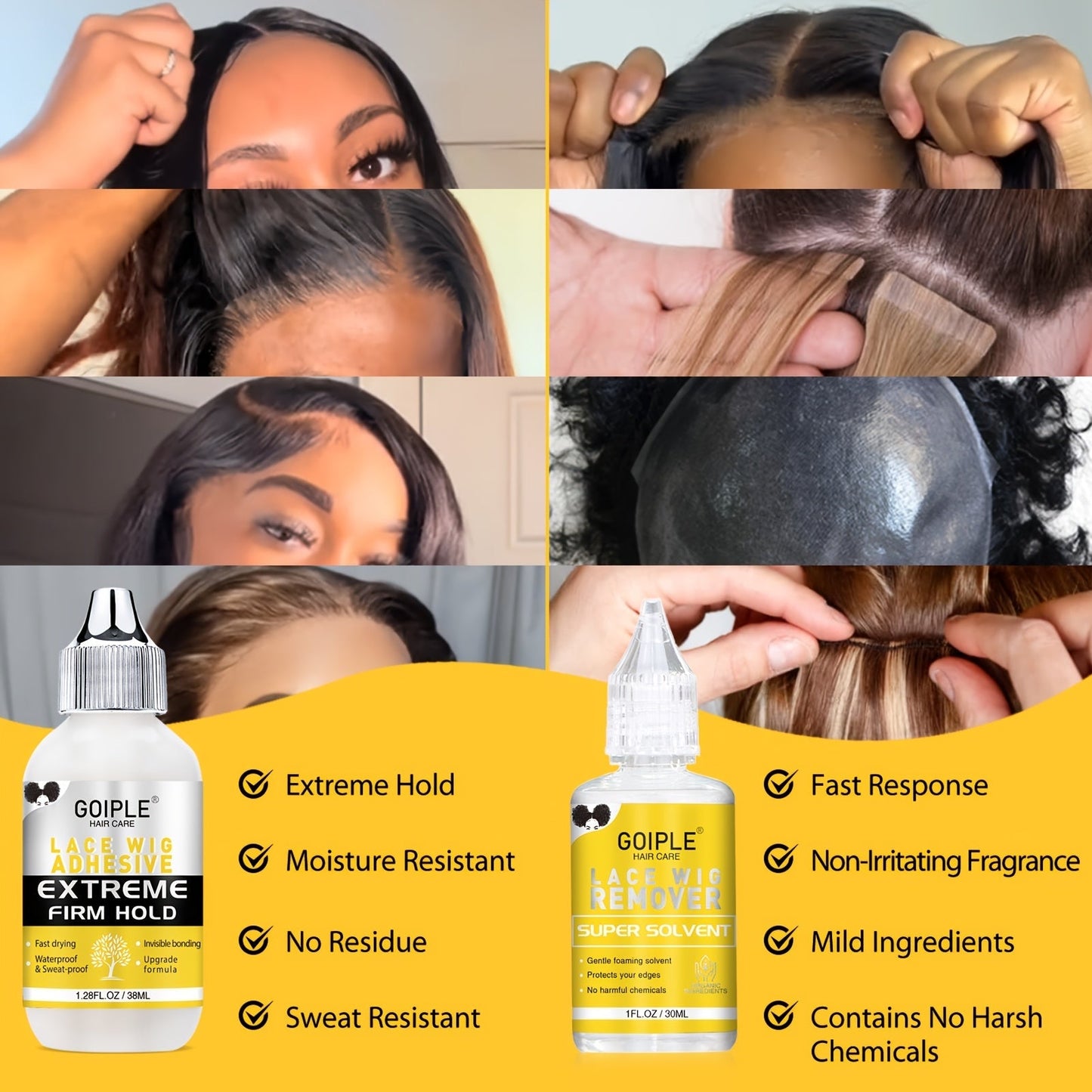 Wig Installation Kit in 9-Piece Glue or 14-Piece Styling Sets with Bands, Caps, Combs and Liquid Bottles