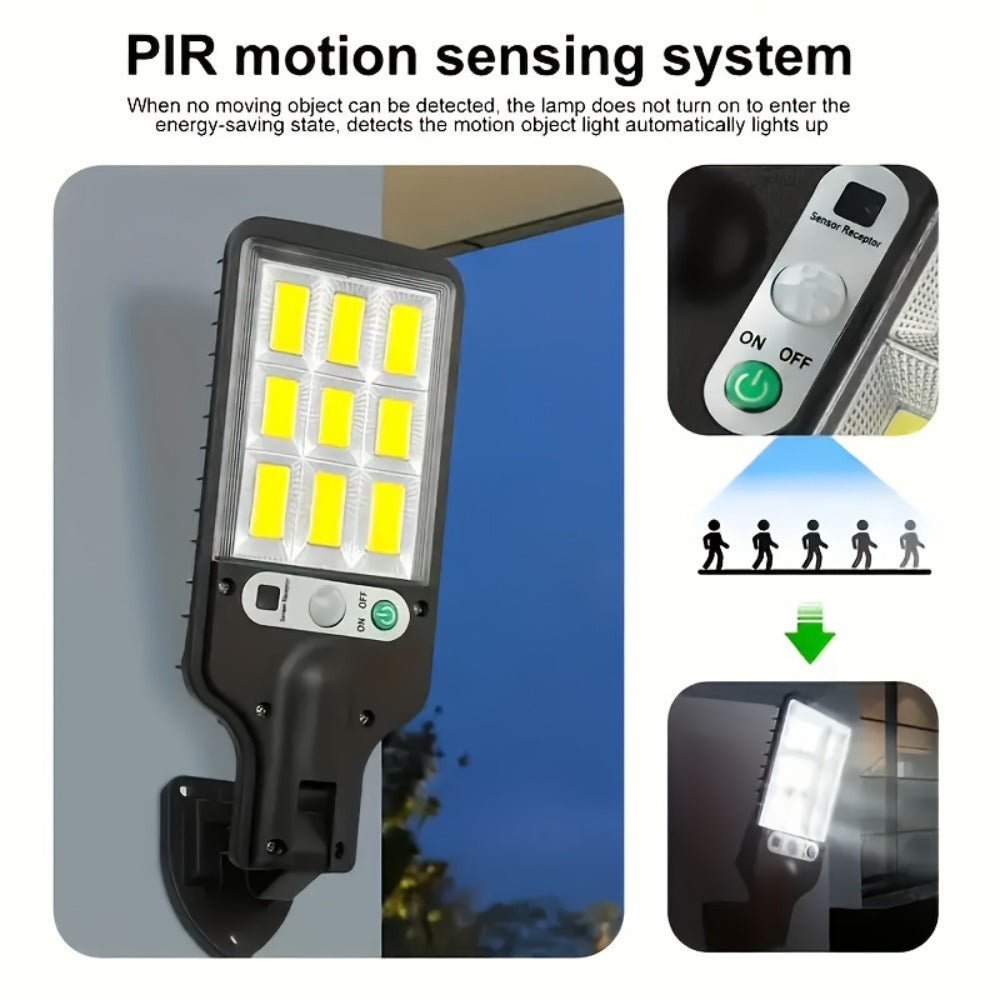 Solar Motion Sensor Security Wall Light 108COB LED, Outdoor Solar Powered Street Light with Remote Control & 3 Modes