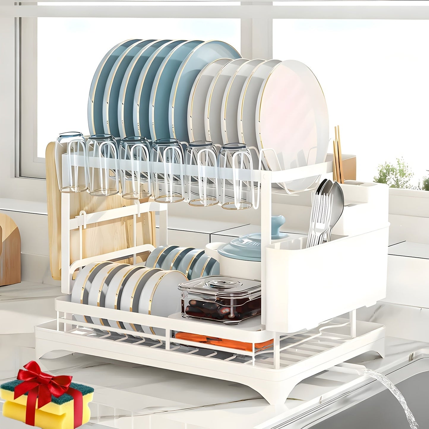 Dish Drying Rack with Drainboard in Gray, White, Black, Single-Layer and Seven-Cup Configurations