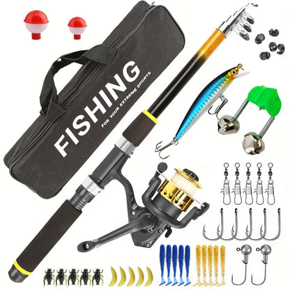 Baitcasting Rod and Reel Combo Set – Medium-Fast Action Telescopic Fishing Rod with Line, Lures, Accessories Box & Carry Bag