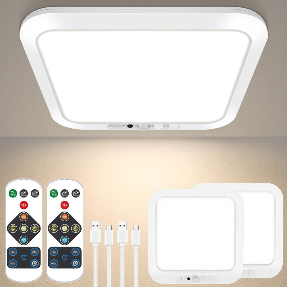 Motion Sensor Ceiling Light Rechargeable with Remote, 3-Color Dimmable Wireless LED Overhead Light