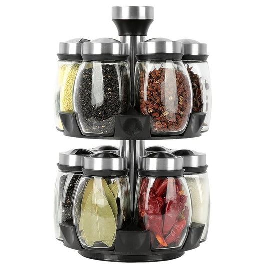 Glass Spice Jar Set with Rotating Rack, Airtight Kitchen Spice Organizer with 360° Stainless Steel Stand