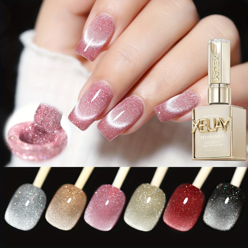 Gel Nail Polish Six-Color Magnetic Cat Eye Set with Sparkling Star and Rhinestone Effects for Nail Art