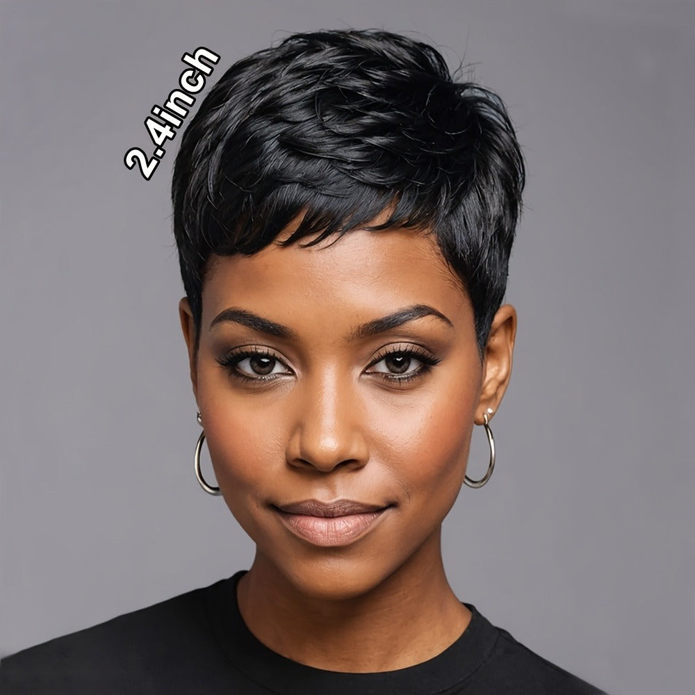 Synthetic Wig 4-Inch Body-Wave Pixie Cut with Bangs in Three Coded Multicolor Options for Costumes