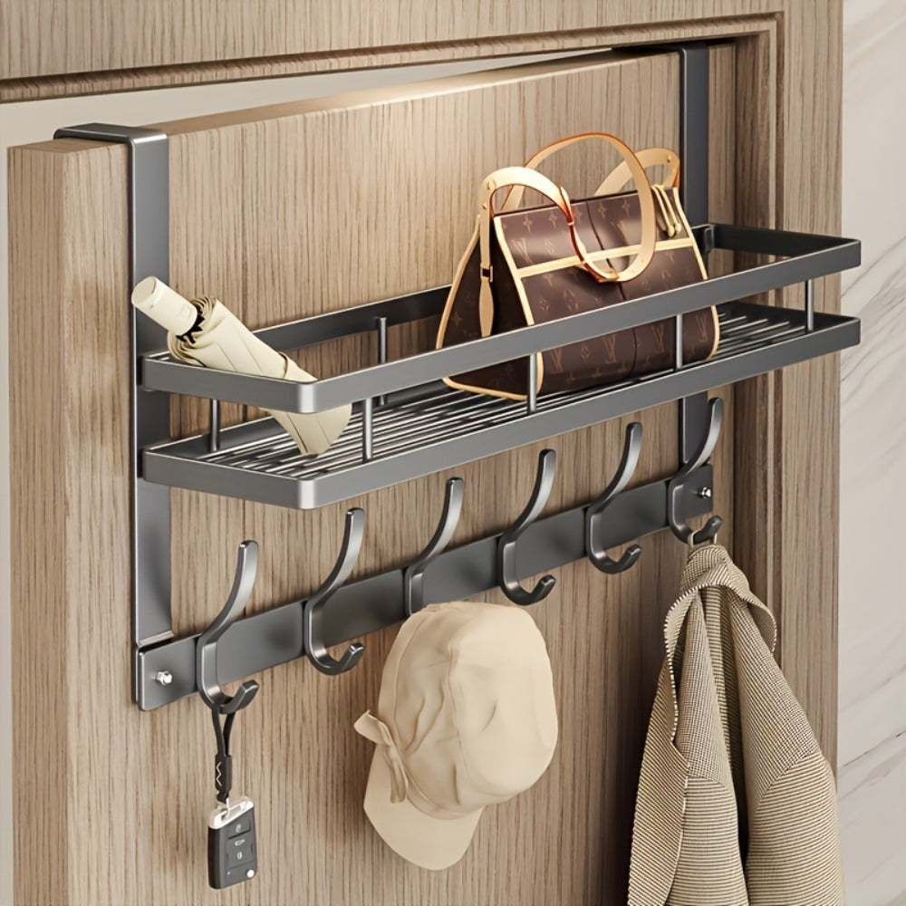 Over-the-Door Storage Rack with Metal Basket Shelf, 4 to 8 Hooks and Gray or Black Length Options