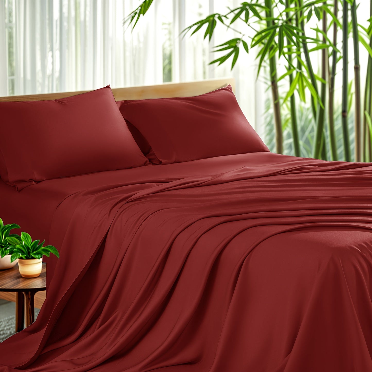 Sheet Set, Four-Piece Bamboo-Blend Plain-Weave Bedding with 16-Inch Fitted Pocket and Thirteen Solid Colors