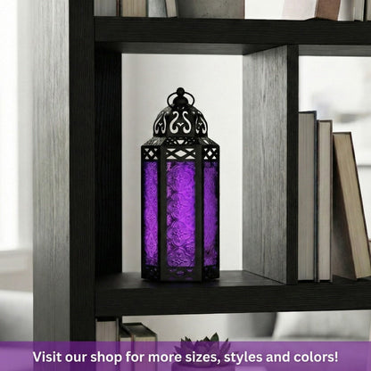 Moroccan Candle Lantern Holder - Decorative Metal & Glass Lantern with Embossed Floral Design for Indoor Home Decor
