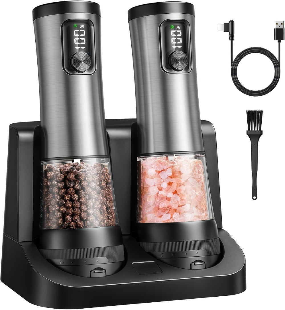 Electric Salt and Pepper Grinder Set Rechargeable USB Large with Base Adjustable Coarseness LED Display Kitchen Gift Silver Black