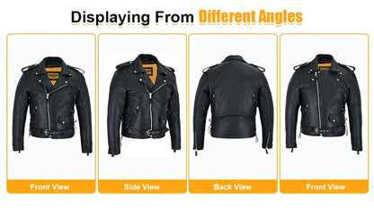 Motorcycle Leather Jacket Men – Heavy Duty Cowhide, Classic Black, Multiple Pockets, Adjustable Laces, Sizes S–XXXXL