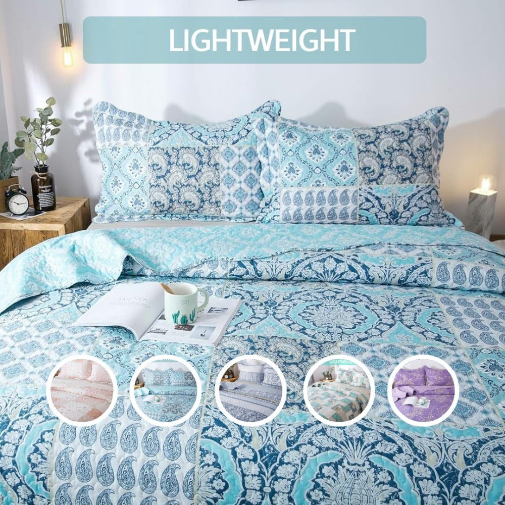 Floral Quilt Set Lightweight Bedspread Coverlet 2 or 3-Piece, All Season Hypoallergenic Breathable Paisley Patchwork Print Quilt for Bedroom