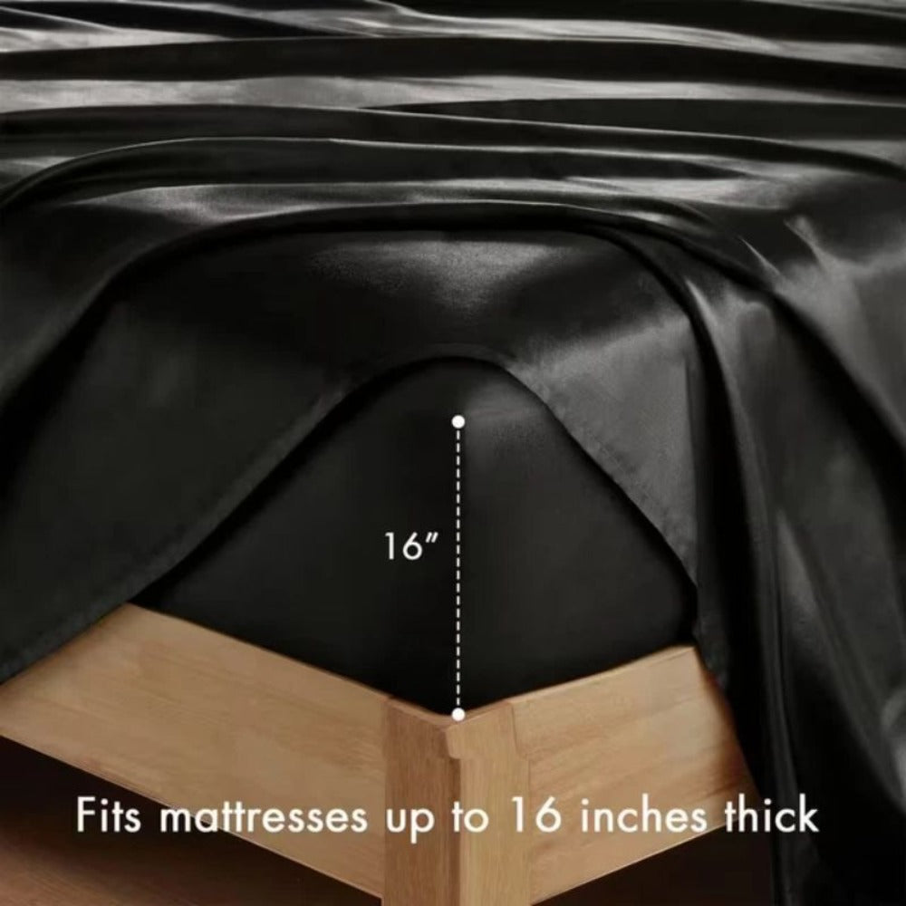 Sheet Set, Satin Bedding with 16-Inch Fitted Pocket, Three- or Four-Piece Size Configuration and Seven Solid Colors