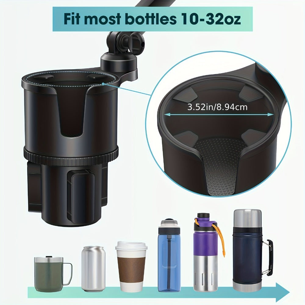 2-in-1 Car Phone Holder & Cup Holder Extender – Swivel Rotating Mount with Shock-Absorbing Trim, Universal for Cars, SUVs & Trucks, Black