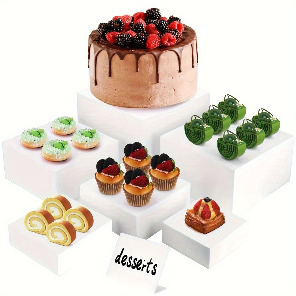 Display Stands 6pcs Five-Sided Square Buffet Risers – White Transparent Dessert Cake Display Storage Rack for Party Wedding Catering Retail