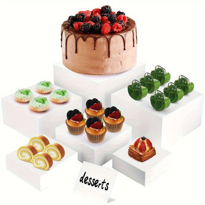 Display Stands 6pcs Five-Sided Square Buffet Risers – White Transparent Dessert Cake Display Storage Rack for Party Wedding Catering Retail
