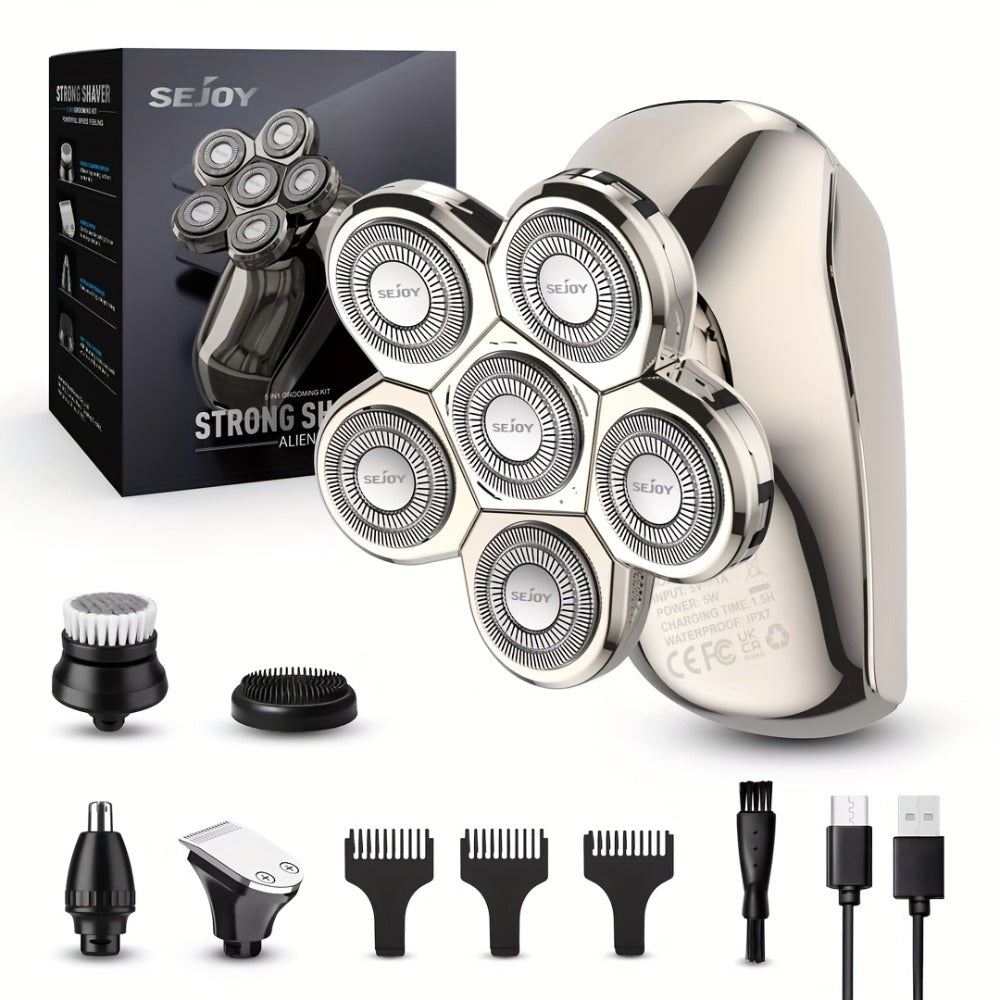 7D Head Shaver Bald Men 5-in-1 Waterproof Wet Dry Electric Razor – Type-C Rechargeable 6500-7500RPM Rotary Grooming Kit with Nose Hair