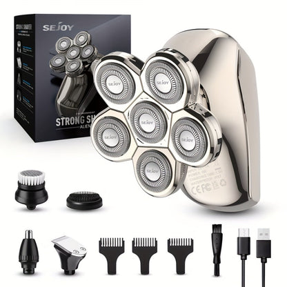 7D Head Shaver Bald Men 5-in-1 Waterproof Wet Dry Electric Razor – Type-C Rechargeable 6500-7500RPM Rotary Grooming Kit with Nose Hair