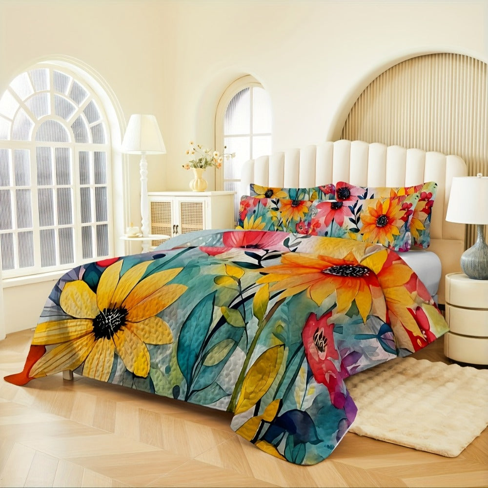Boho Quilt Comforter Set Twin Full Queen King – Floral Bedding Lightweight Soft Microfiber Reversible Bedspread for Women Girls 2/3 Pcs