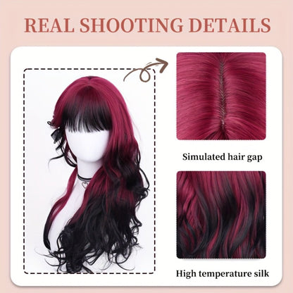 Long Curly Wig Black Red Highlights 28 Inch Wavy Synthetic Rose Net Cap Glamorous Voluminous Hair for Women Cosplay Party Halloween Daily
