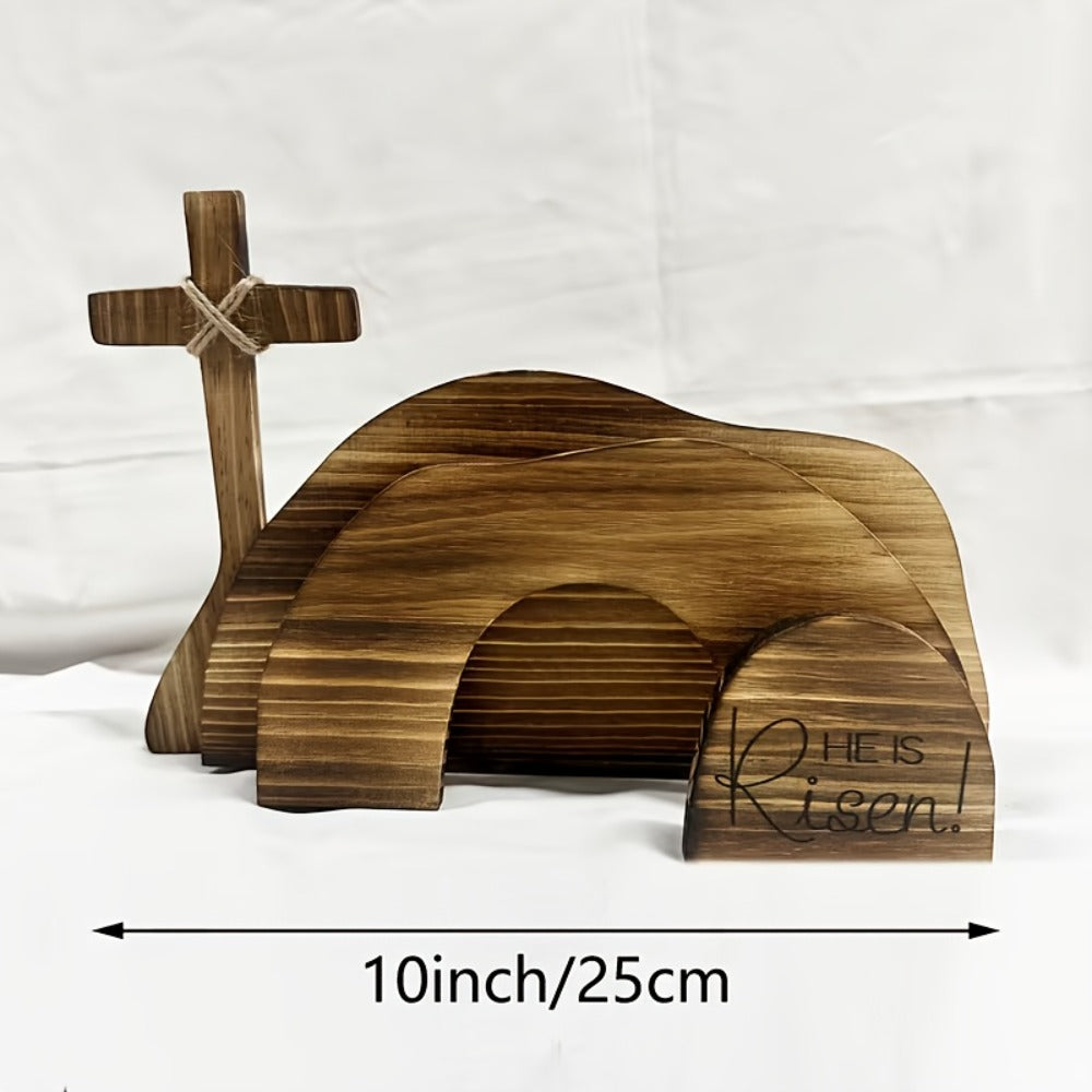 Easter Cross Decoration Wood He Is Risen Wooden Tomb Easter Resurrection Scene for Tray, Tabletop & Shelf