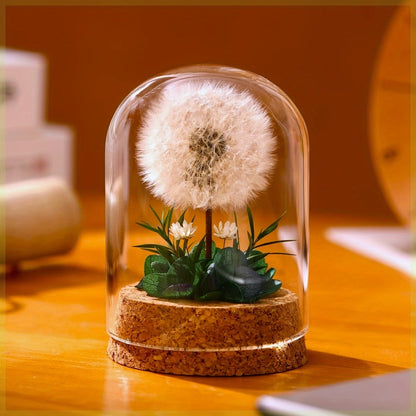 Dandelion Glass Dome Tabletop Decor with White Seed Head, Cork-Look Base, 3.2 x 2.4-Inch Size and Red or Pink Flowers