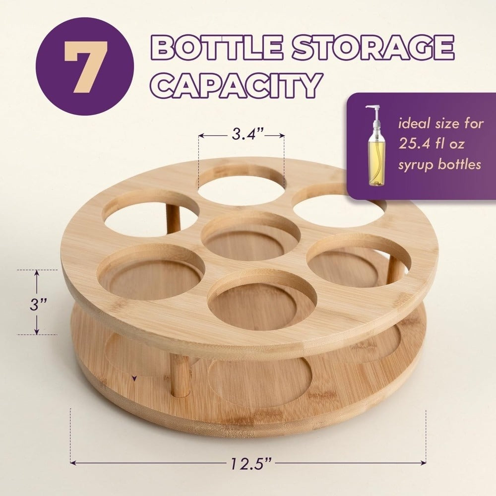 360 Rotating Bamboo Coffee Syrup Organizer 7-Bottle Holder Rack – Countertop Spice Condiment Storage Stand for Kitchen Bar Home Office