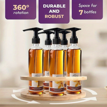360 Rotating Bamboo Coffee Syrup Organizer 7-Bottle Holder Rack – Countertop Spice Condiment Storage Stand for Kitchen Bar Home Office