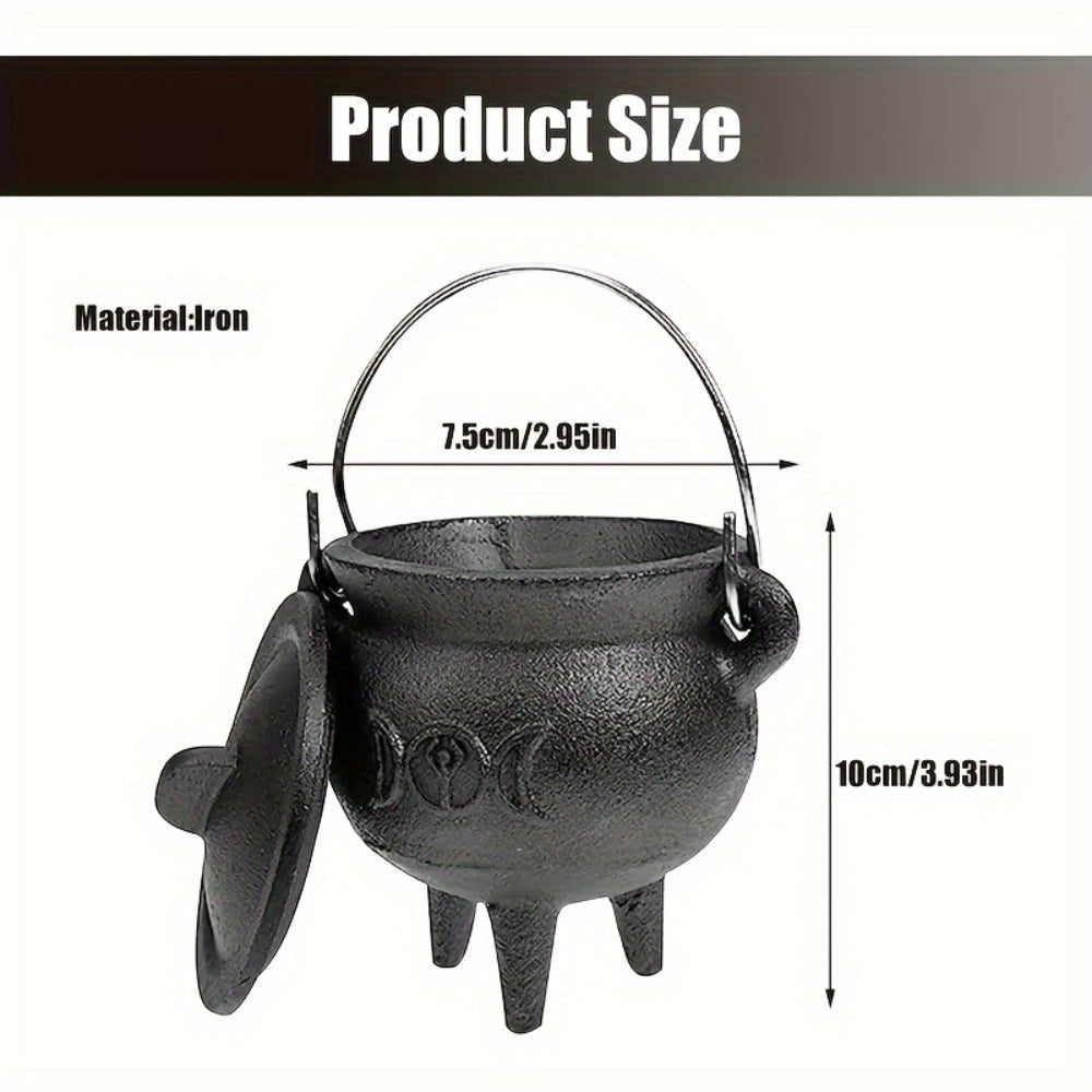 Cast Iron Cauldron with Lid & Handle, Witchcraft Incense Burner, Spell Ritual Pot, Halloween Decor