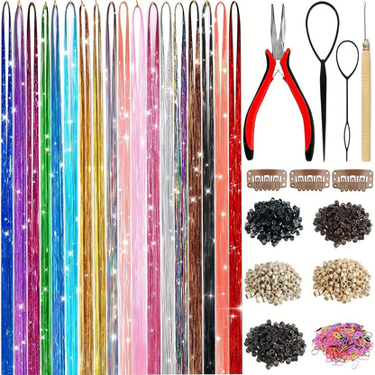 Hair Tinsel Extensions Kit 7700 Strands 18 Glitter Colors 48 Inch – Fairy Hair Tinsel with Micro Beads & Loop Tool for Women Girls Party