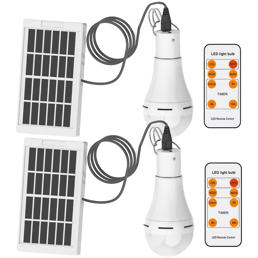 Solar Light Bulbs 2 Pack Campsite Outdoor – Remote Control Timer, 4 Modes 300LM, Light Sensor Auto On/Off, Solar & USB Rechargeable – Shed